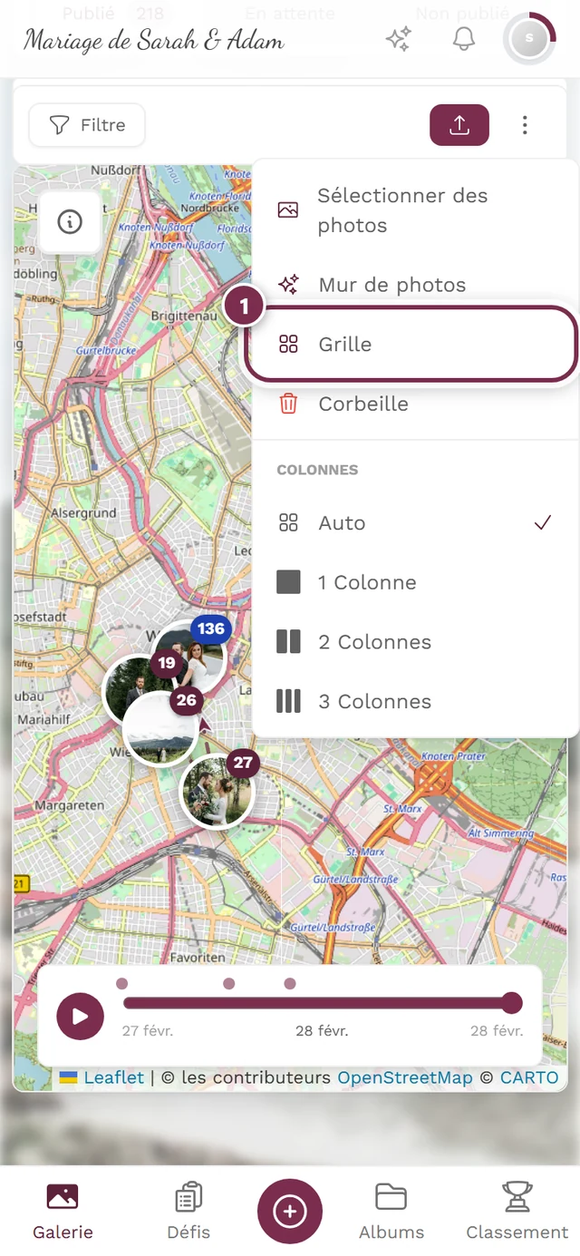 Vue carte avec le bouton Grille mis en évidence