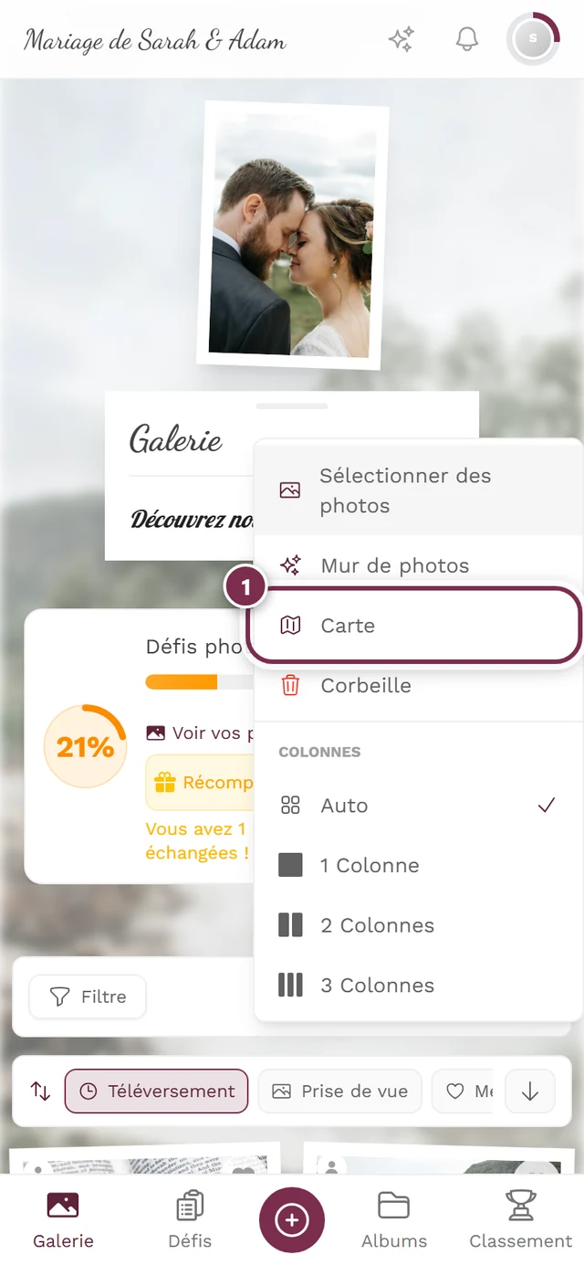 Menu à trois points ouvert dans la galerie avec l'entrée Carte mise en évidence