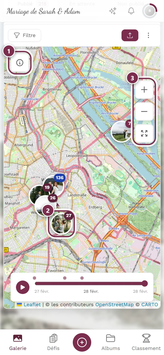Vue carte avec trois éléments mis en évidence : info, groupe de photos, zoom