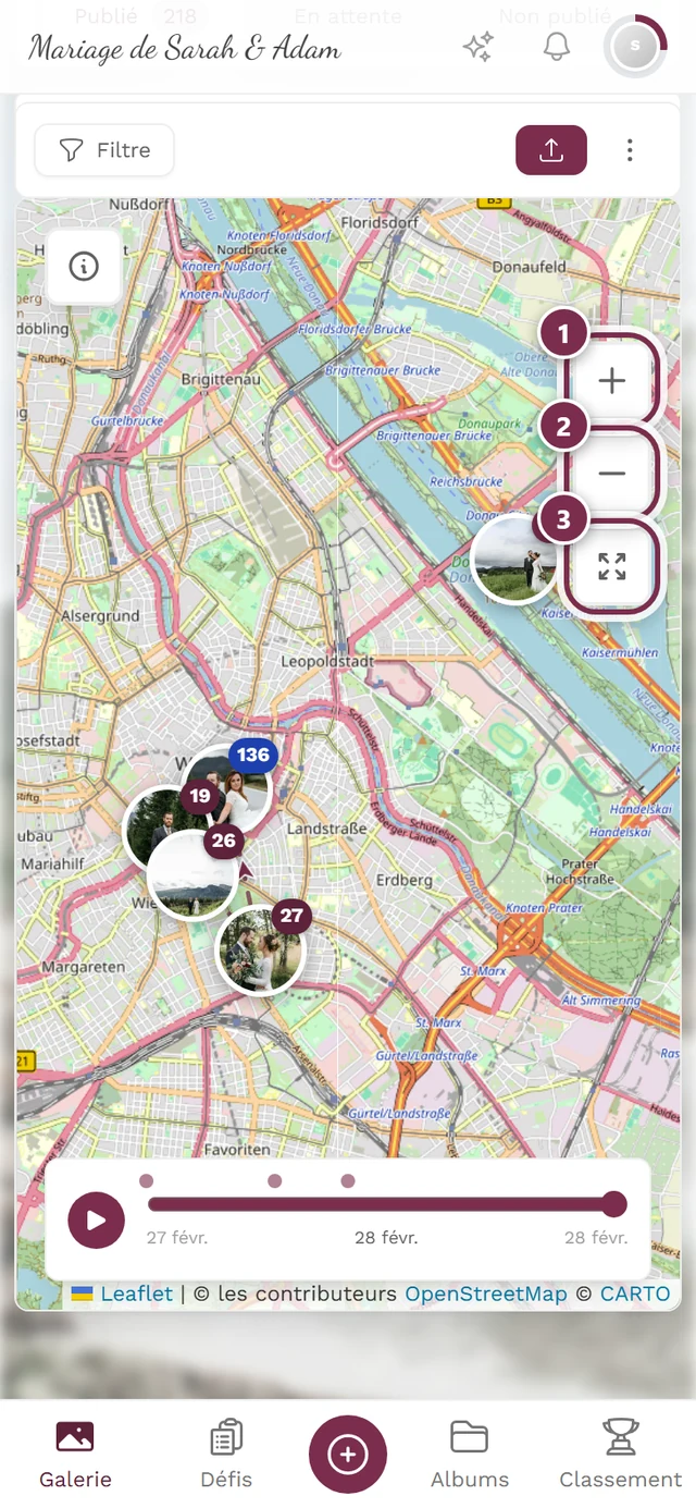 Vue carte avec les trois boutons en haut à droite mis en évidence