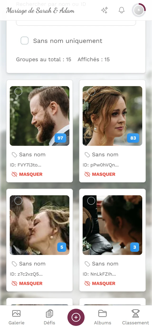 Gestionnaire de clusters avec champ de recherche, filtre et les groupes de visages sous forme de vignettes