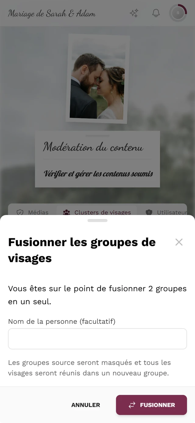 Boîte de dialogue Fusionner les groupes de visages avec le nombre de clusters, le champ Nom de la personne (facultatif) et les boutons Annuler et Fusionner