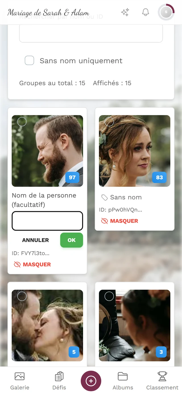Vignette de cluster en mode renommage avec le champ Nom de la personne (facultatif) ainsi que les boutons Annuler et OK