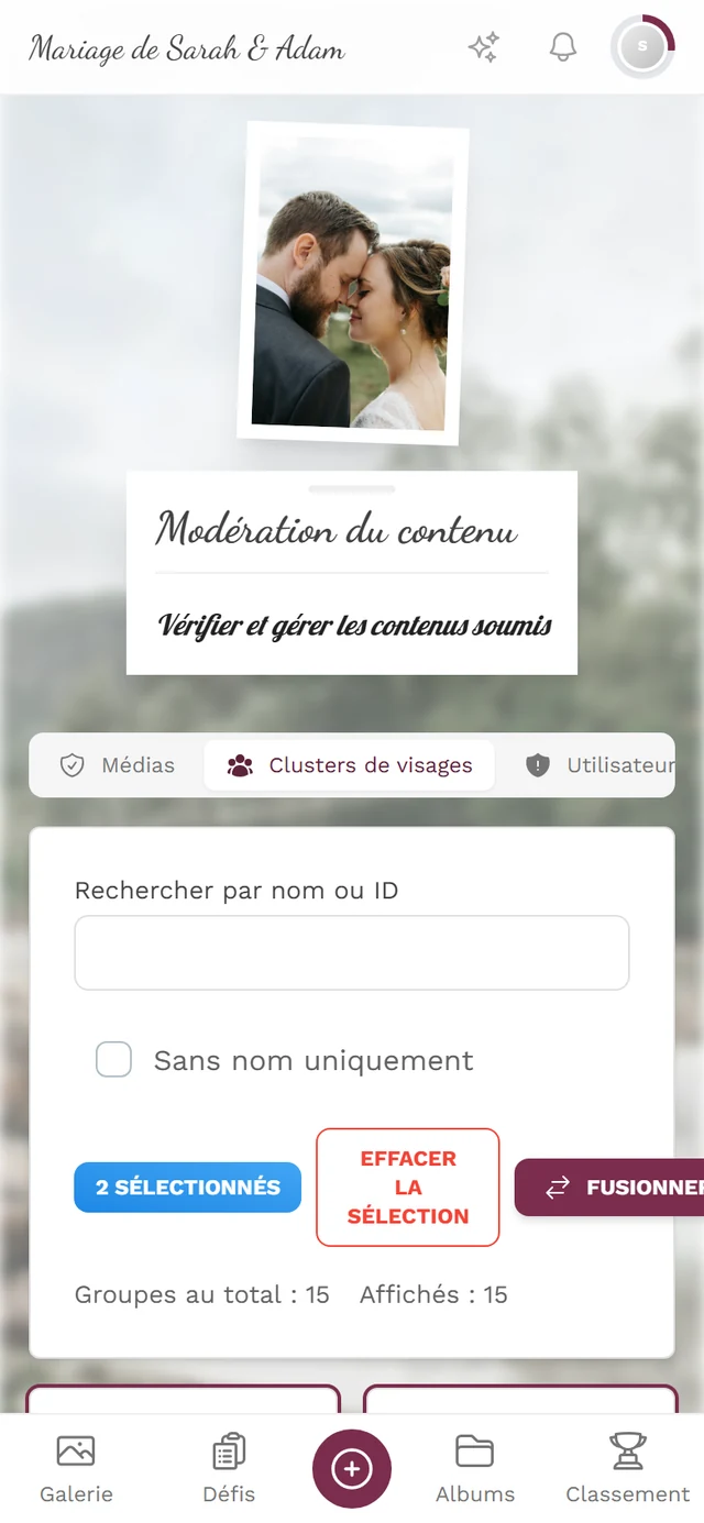 Deux vignettes de cluster cochées et, au-dessus, la barre avec 2 sélectionnés, Effacer la sélection et Fusionner