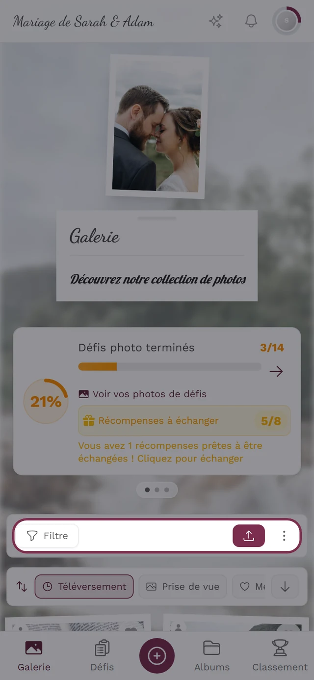 Barre d'outils de la galerie avec Filtre, Envoyer, Sélectionner, Mur de photos et Carte