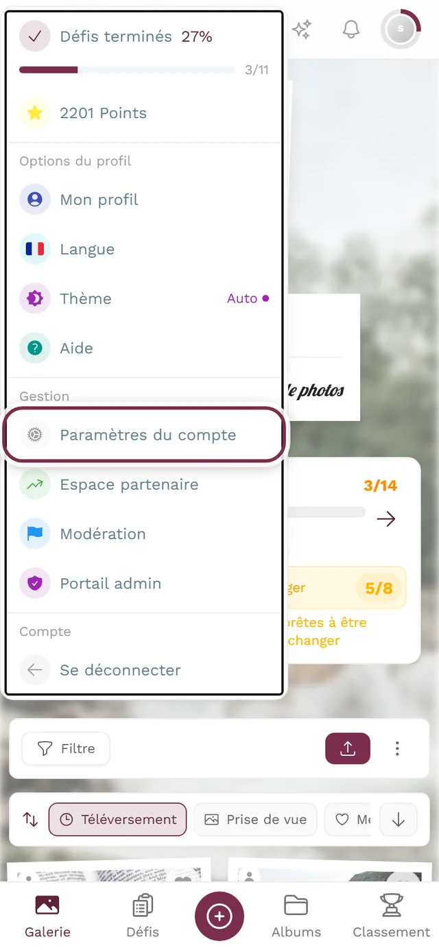 Menu de profil en haut à droite, l'entrée Paramètres du compte est mise en évidence