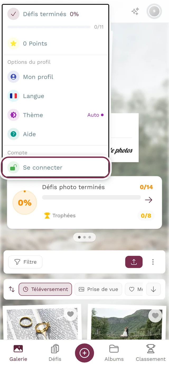 Menu du profil en haut à droite ouvert, l'entrée Se connecter est mise en évidence
