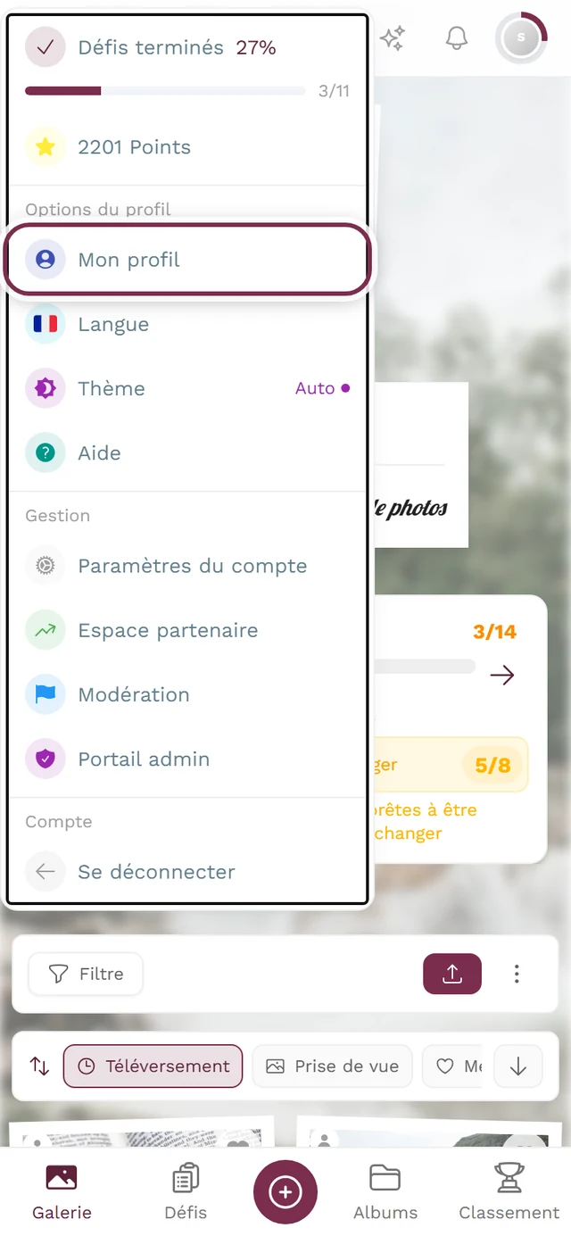 Menu du profil ouvert en haut à droite, l'entrée Mon profil est mise en évidence