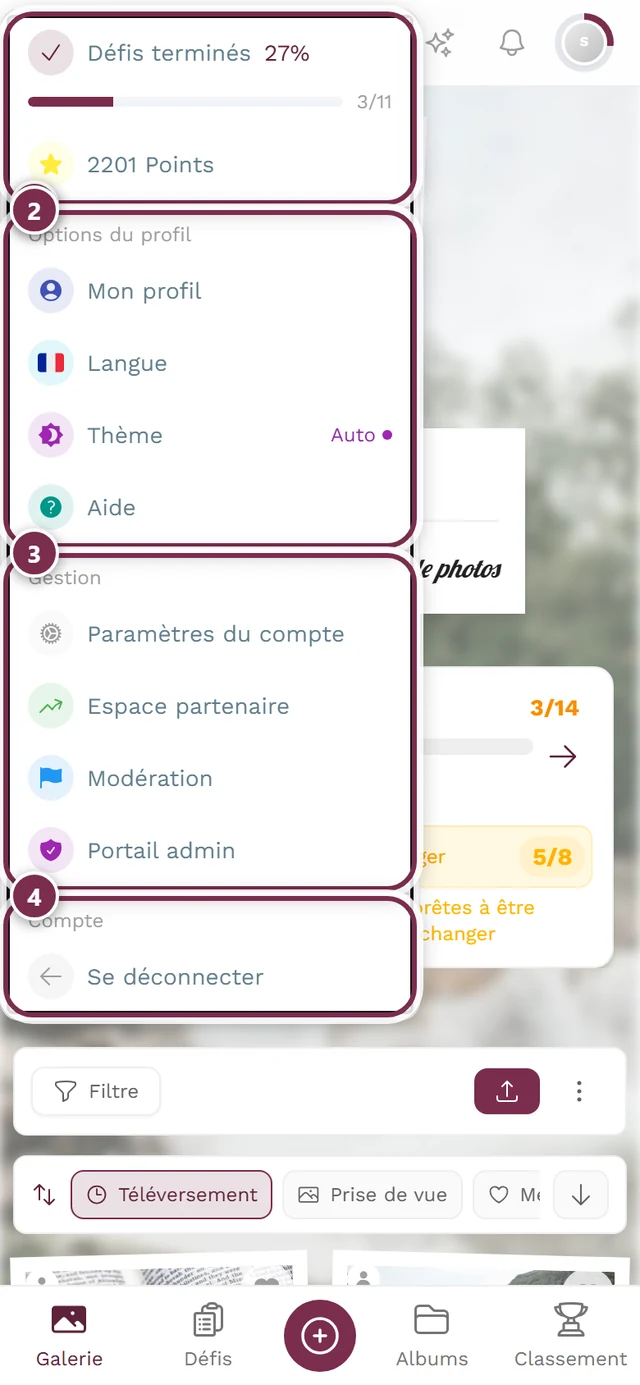 Menu de profil en haut à droite avec la rubrique Gestion et Portail admin