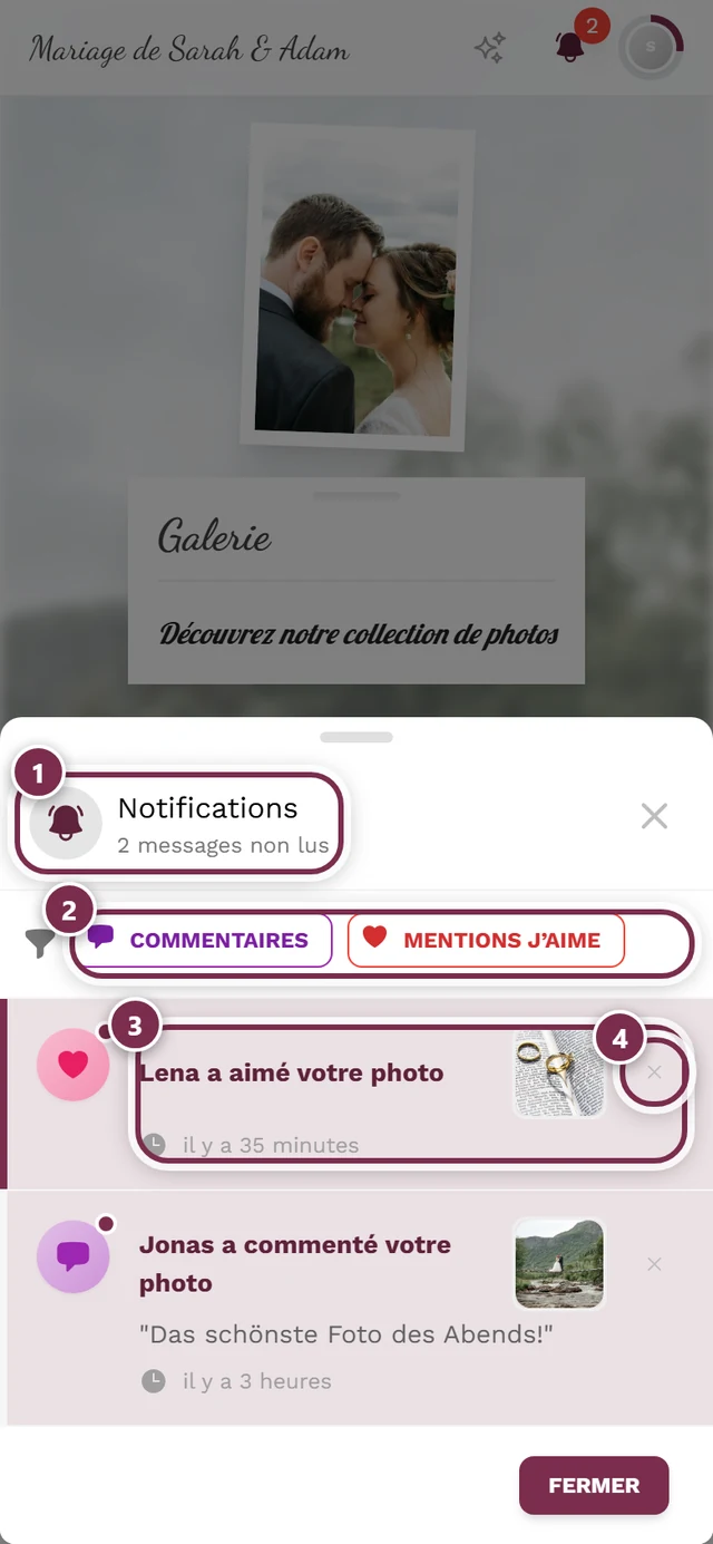 Boîte de dialogue de notifications avec quatre repères : en-tête, filtre, élément, suppression