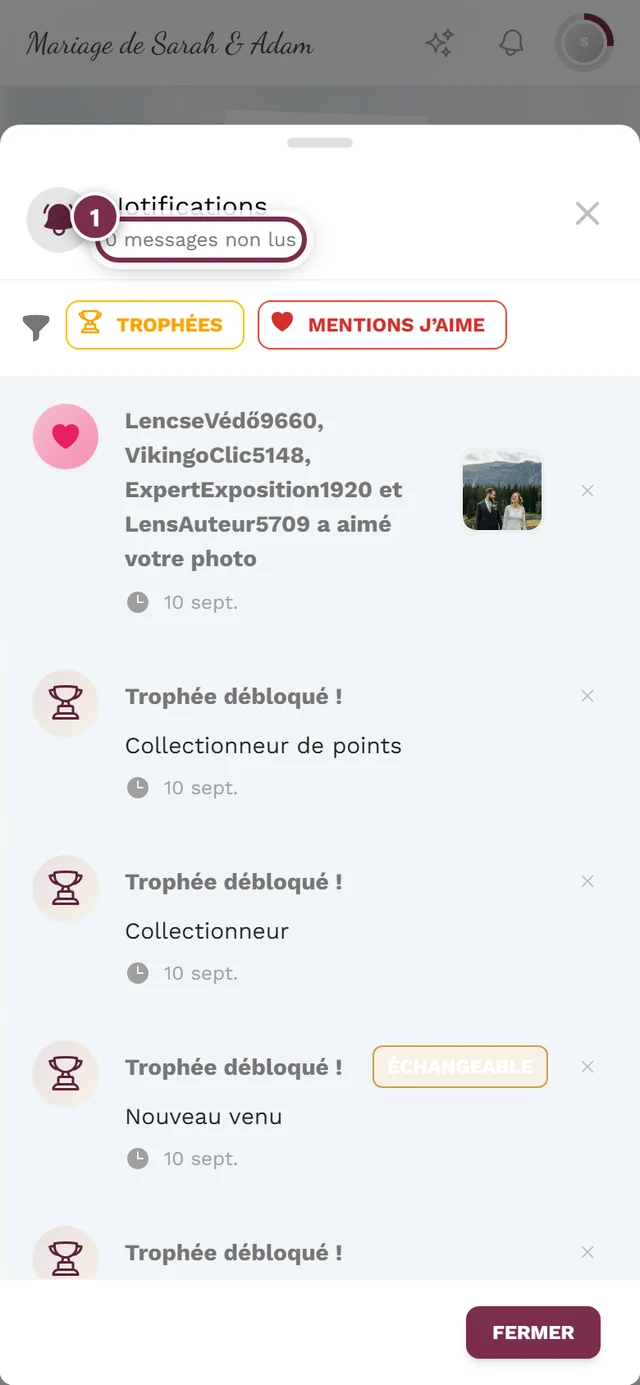 Fenêtre de notifications ouverte, la ligne des messages non lus est mise en évidence