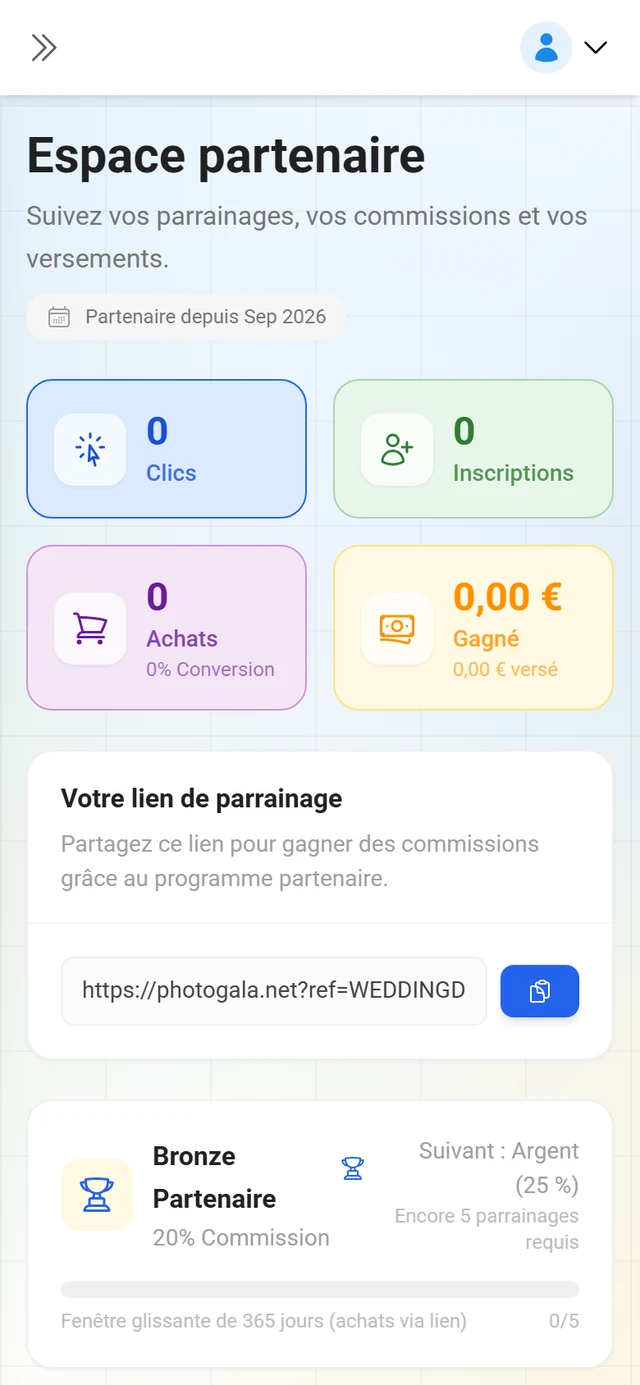 Espace affilié avec les indicateurs clés et le lien de parrainage