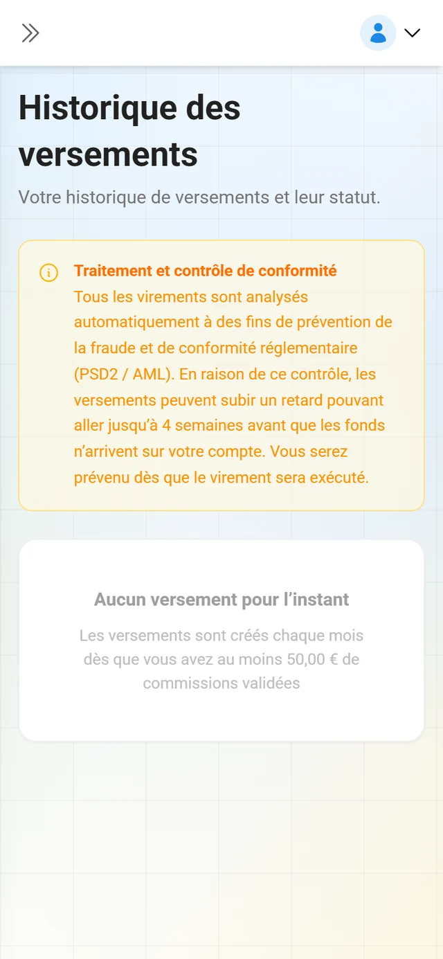 Historique des versements dans le portail partenaire