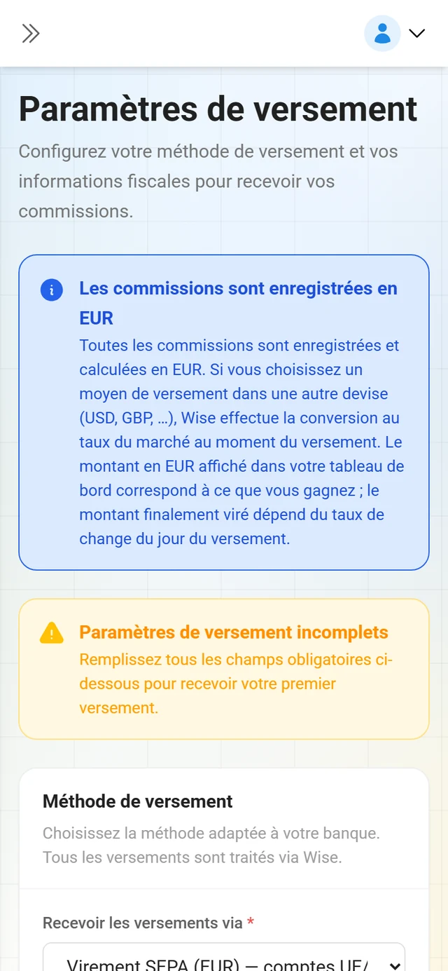 Paramètres de versement et informations fiscales dans le portail partenaire
