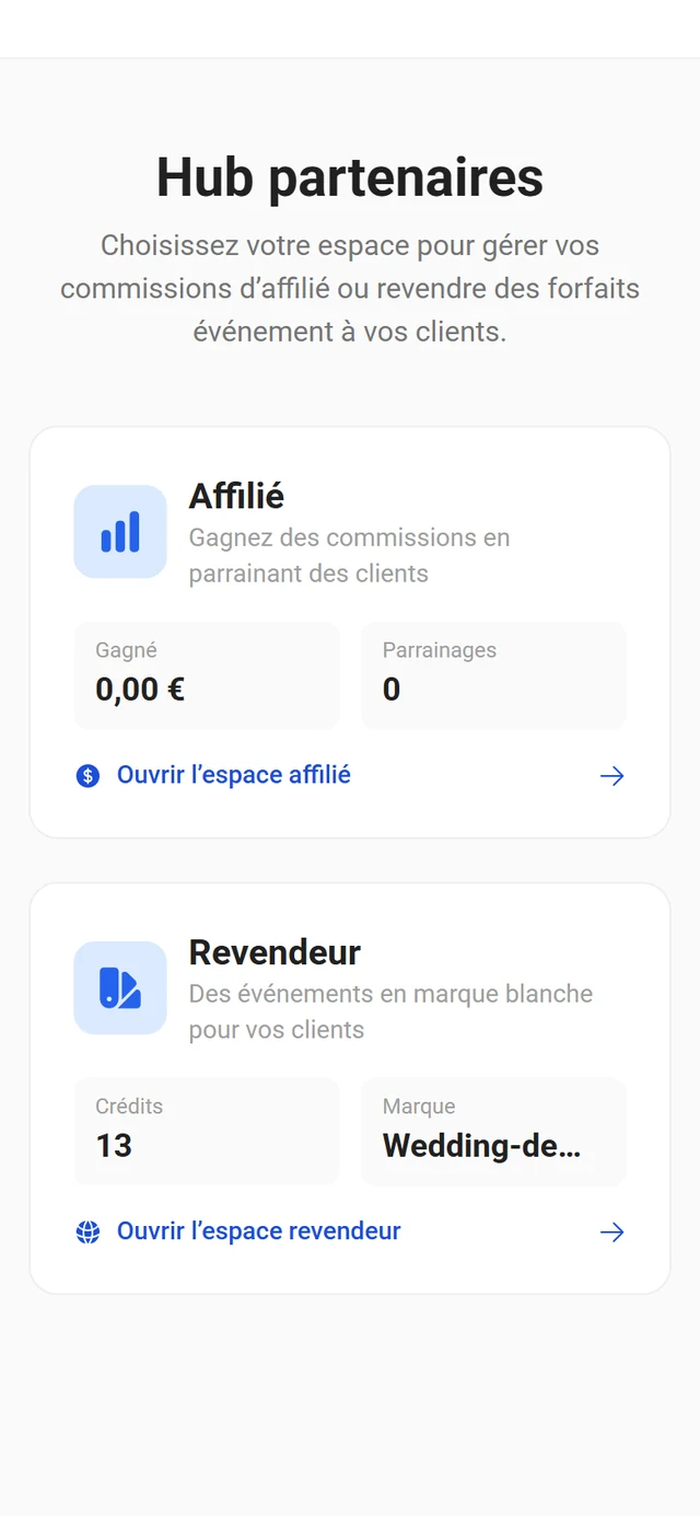 Portail partenaire avec le choix entre affilié et revendeur