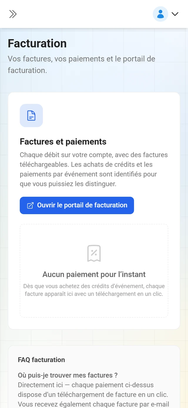 Page Facturation avec la liste Factures & paiements