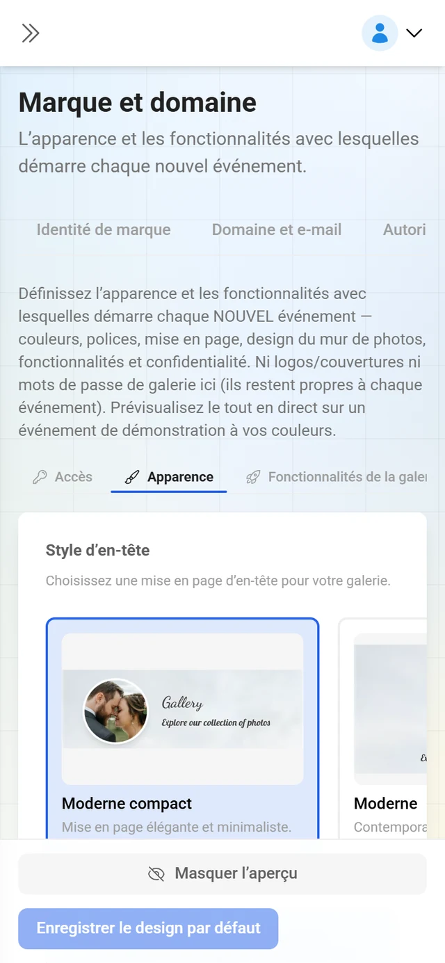 Onglet Design par défaut avec les réglages par défaut de style, mur de photos et confidentialité