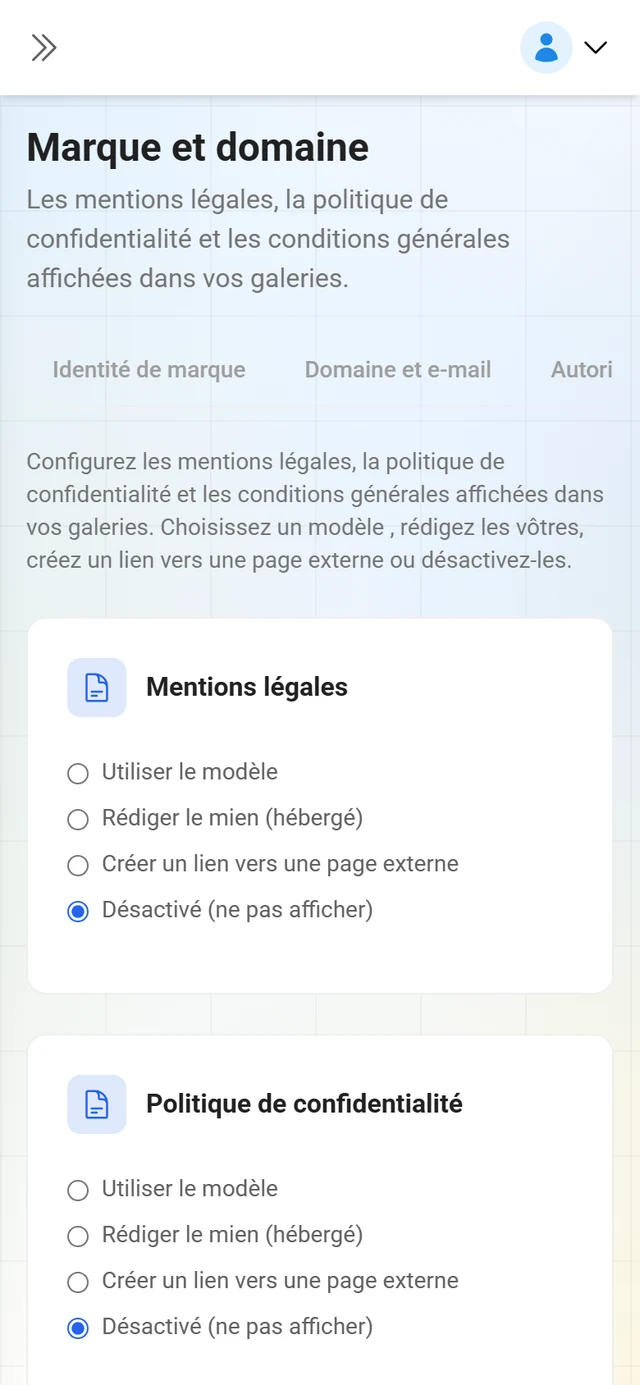 Onglet Documents légaux de la gestion de marque