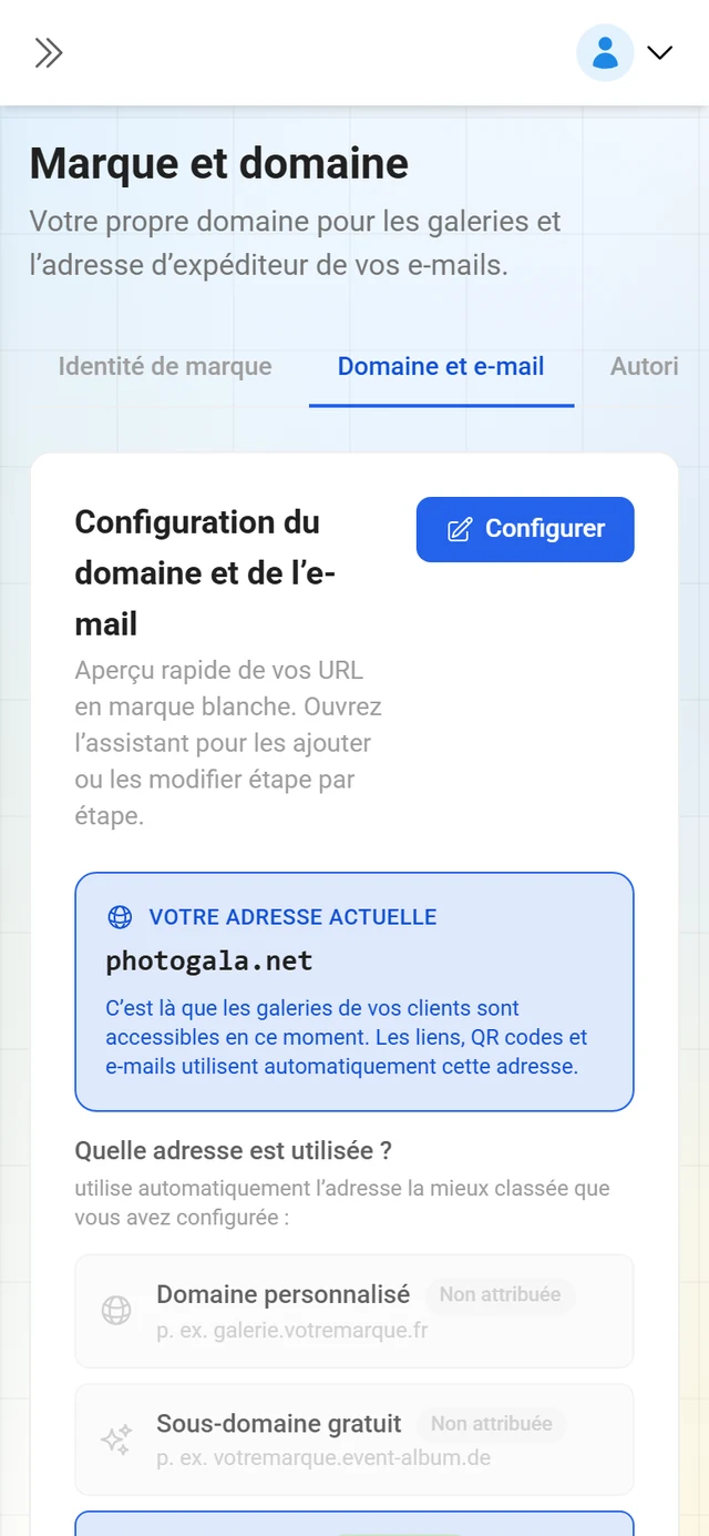 Onglet Domaine et e-mail de la gestion de marque