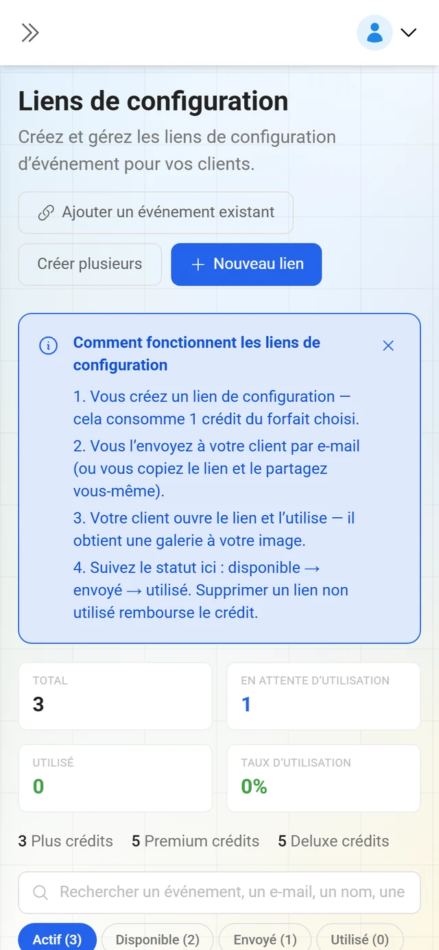 Page Liens de configuration avec les chiffres clés et la liste des clés