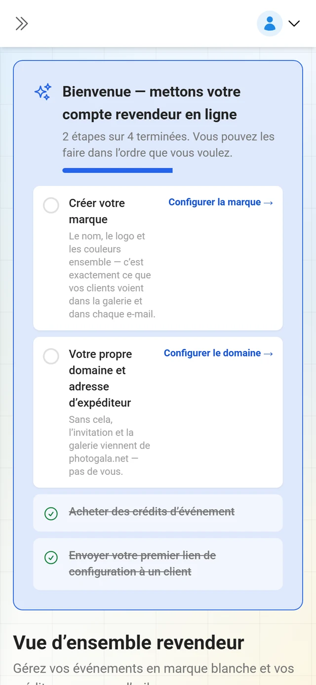 Page de vue d'ensemble du portail revendeur