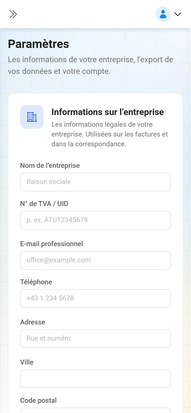 Page Paramètres avec le formulaire Informations sur l'entreprise