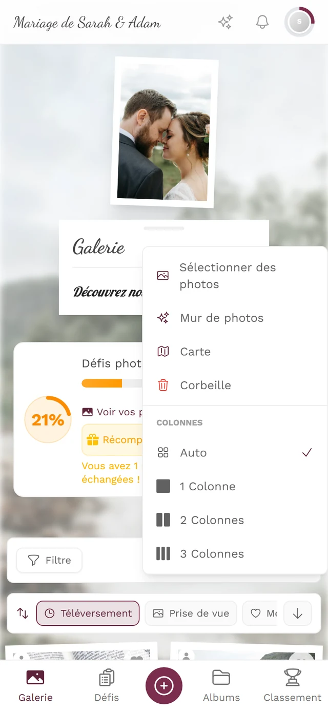 Menu ⋮ ouvert de la galerie sur téléphone, avec l'entrée Mur de photos
