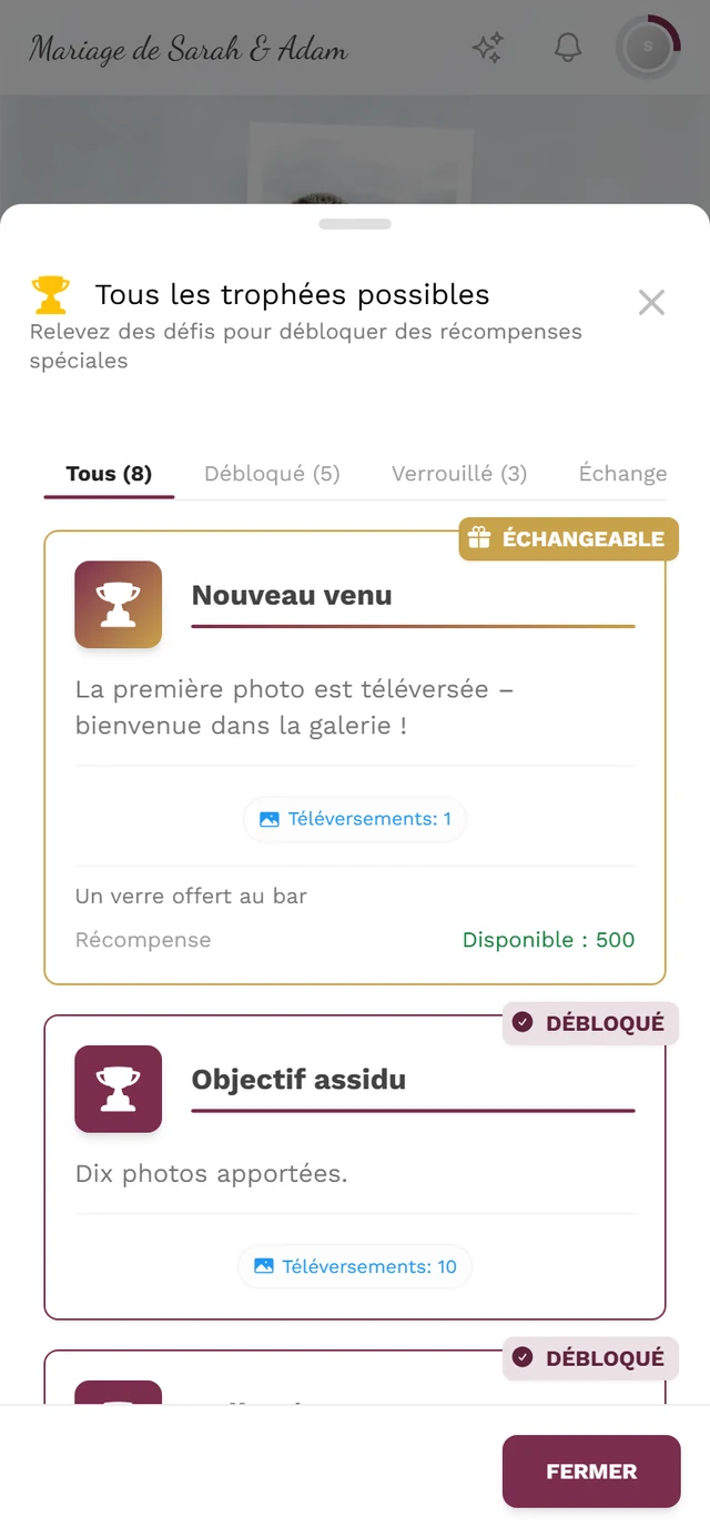 Boîte de dialogue Tous les trophées possibles avec les onglets Tous, Débloqués et Verrouillés