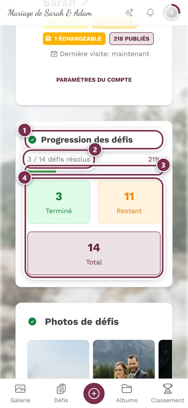 Progression des défis avec une barre de progression et trois tuiles