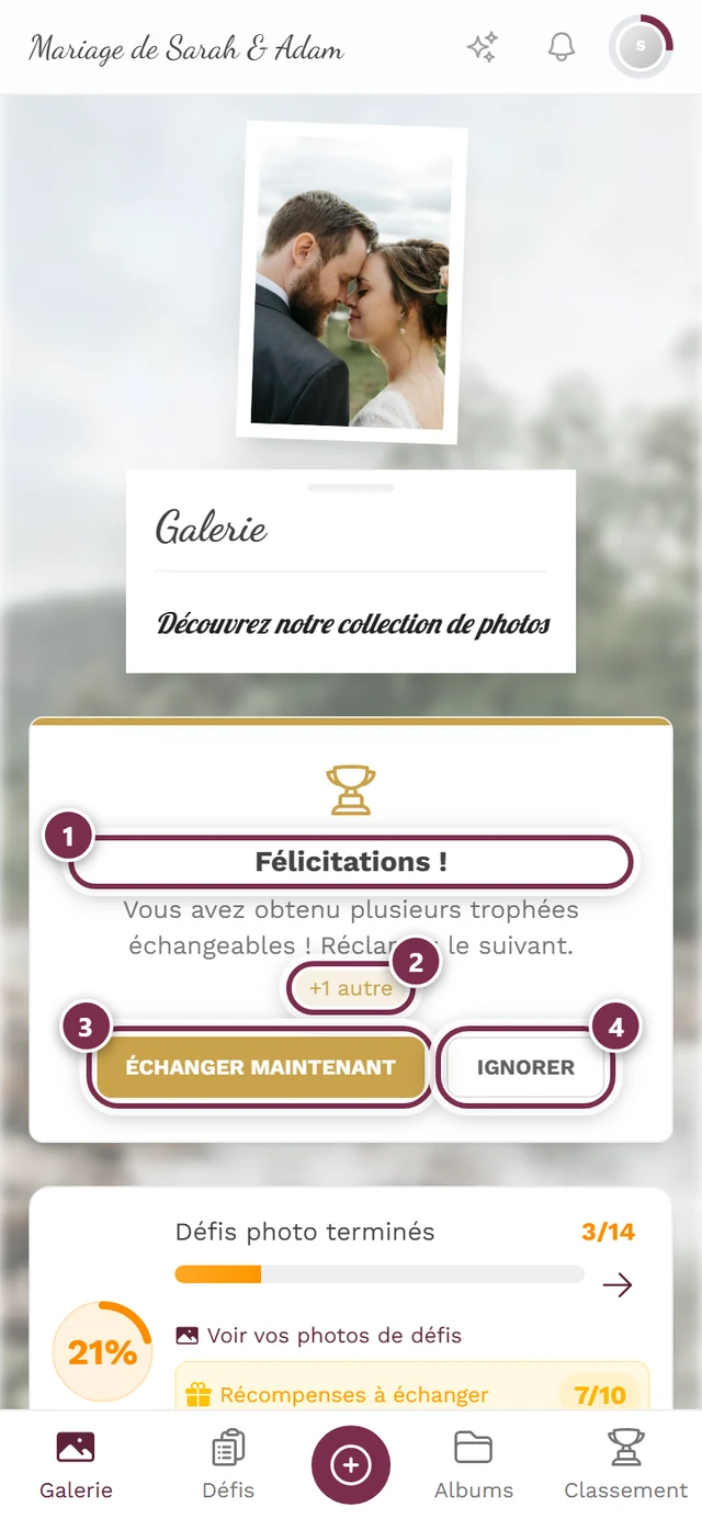 Bannière de récompense au-dessus de la galerie avec quatre repères