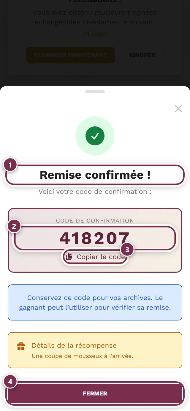 Boîte de dialogue de succès avec code de confirmation à six chiffres et quatre repères