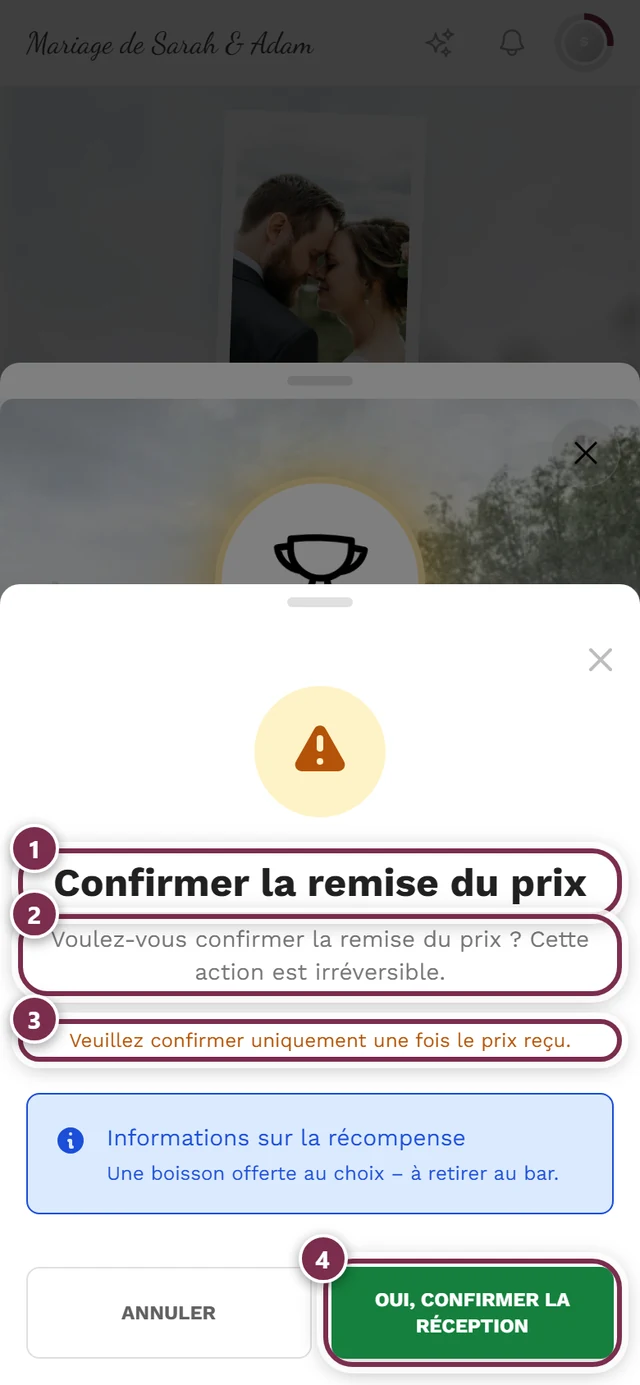 Boîte de dialogue d'avertissement « Confirmer la remise du prix » avec quatre repères