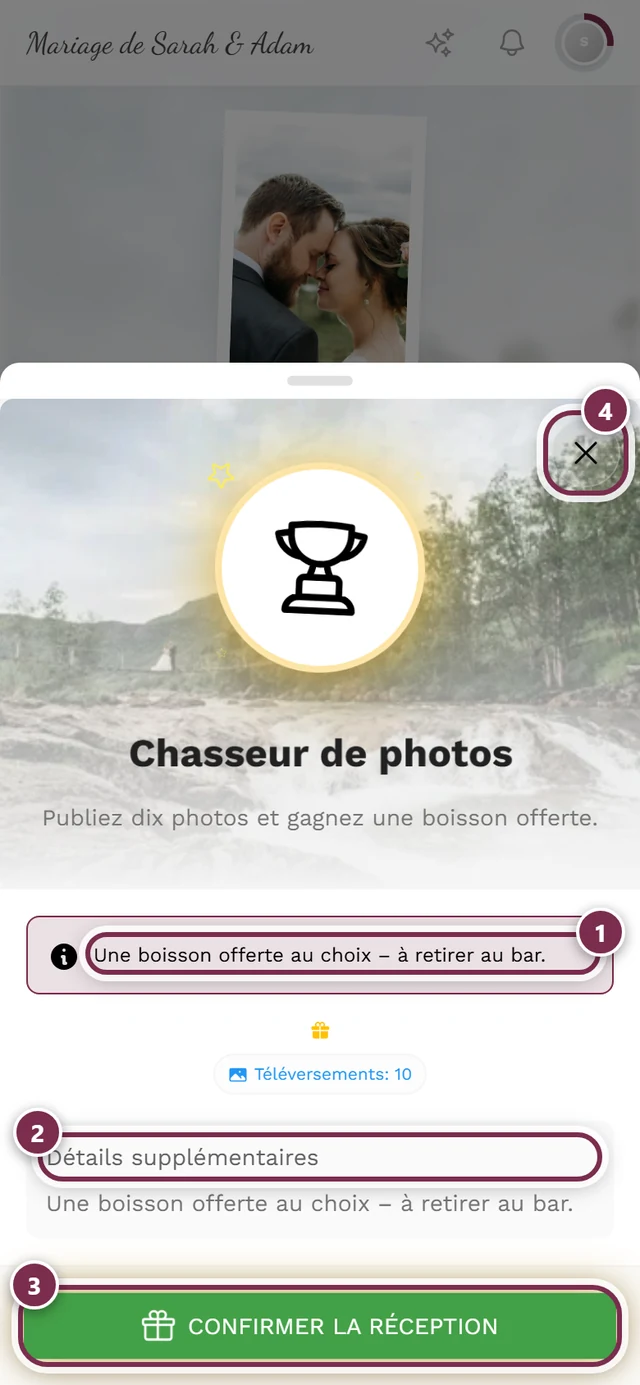 Boîte de dialogue détaillée de la récompense avec quatre repères