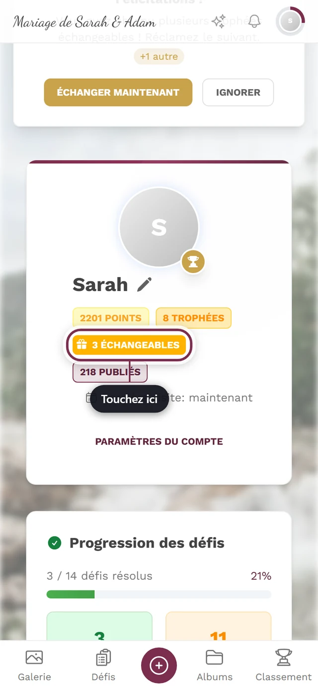En-tête de profil avec la puce « 2 échangeable » mise en évidence