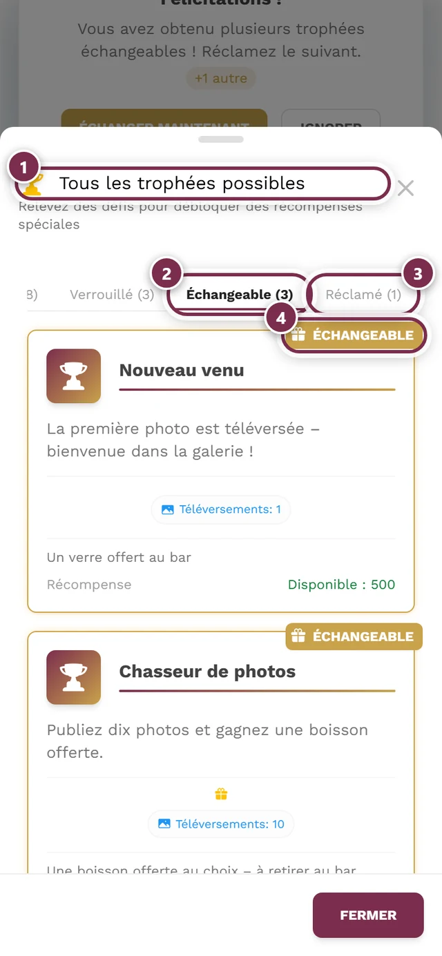 Boîte de dialogue des trophées avec les onglets Tous, Débloqué, Verrouillé, Échangeable et Réclamé