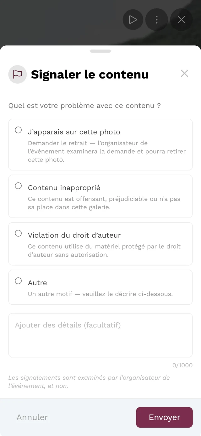 Boîte de dialogue de signalement avec le choix des motifs