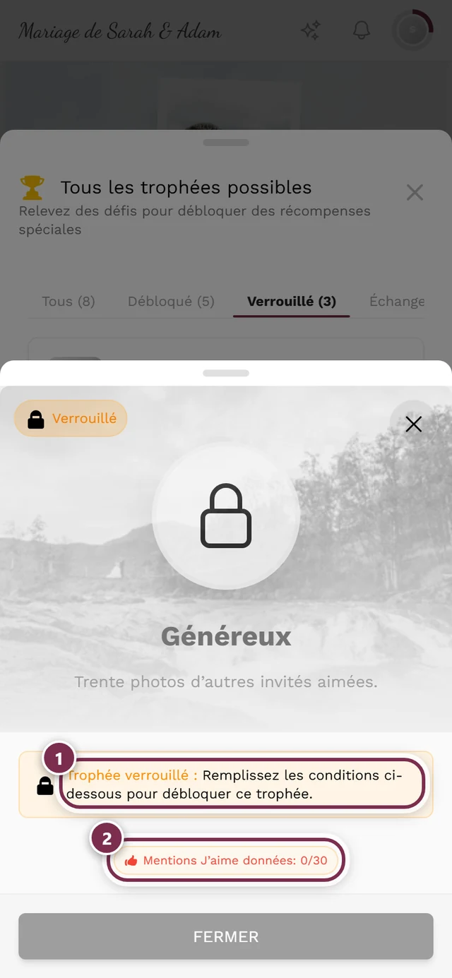 Boîte de dialogue d'un trophée verrouillé avec encadré rouge et liste de conditions marquée en rouge