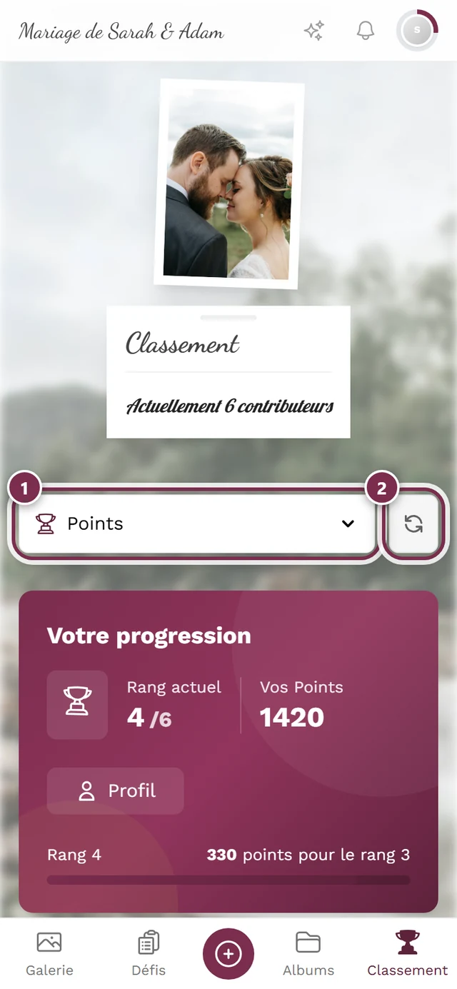 En-tête du classement avec sélecteur de catégorie et bouton d'actualisation marqués en rouge