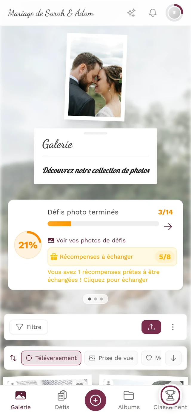 Galerie sur téléphone avec symbole de coupe marqué en rouge dans la barre du bas