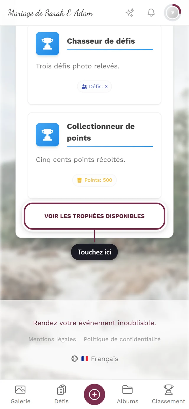 Section trophées dans le profil avec bouton Voir les trophées disponibles marqué en rouge