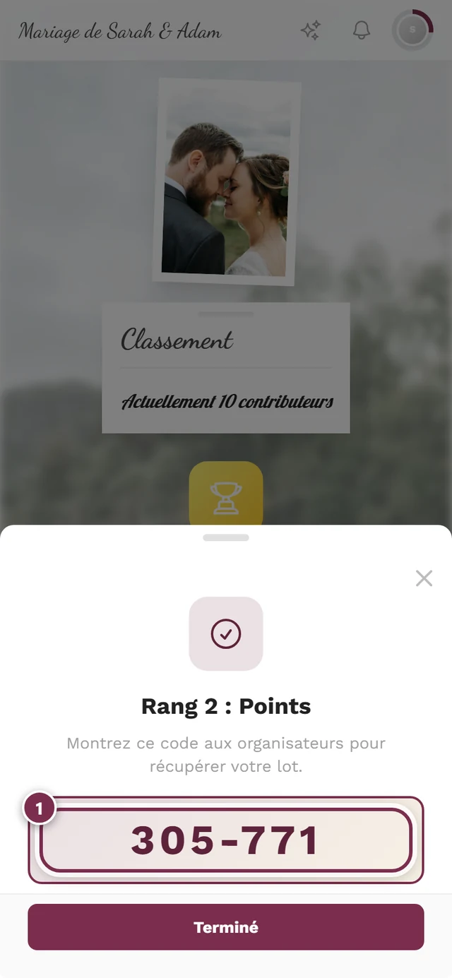 La fenêtre affiche le code à six chiffres en grand, avec le bouton Terminé en dessous