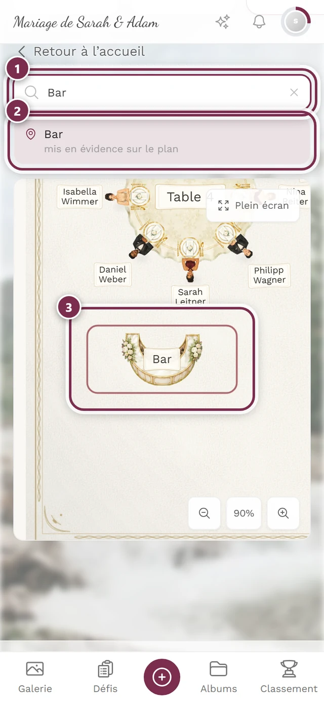 Recherche de Bar avec le résultat mis en évidence sur le plan