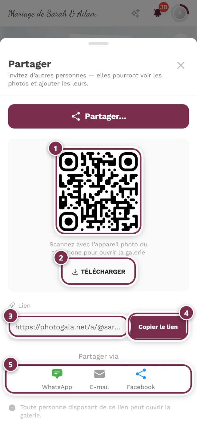Fenêtre de partage avec QR code, bouton Télécharger, champ de lien, Copier le lien et les boutons directs