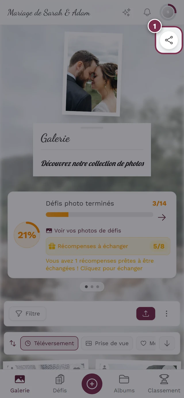 Galerie avec l'icône de partage ronde mise en évidence en haut à droite