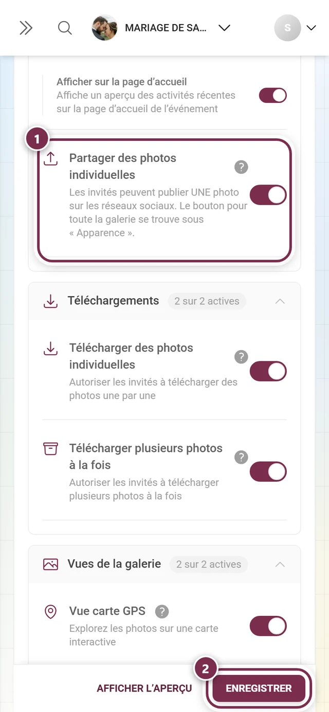 Onglet Fonctionnalités de la galerie avec l'interrupteur Partager des photos individuelles mis en évidence