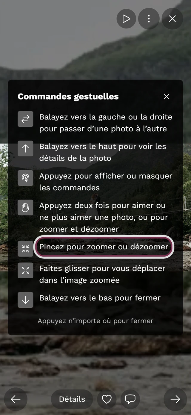 Aide gestuelle affichée en plein écran, la ligne du pincement est mise en évidence