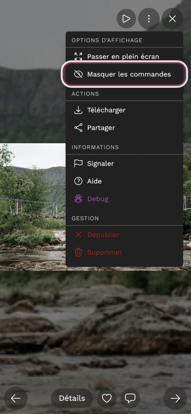 Menu à trois points ouvert de la vue plein écran avec l'entrée Masquer les commandes mise en évidence