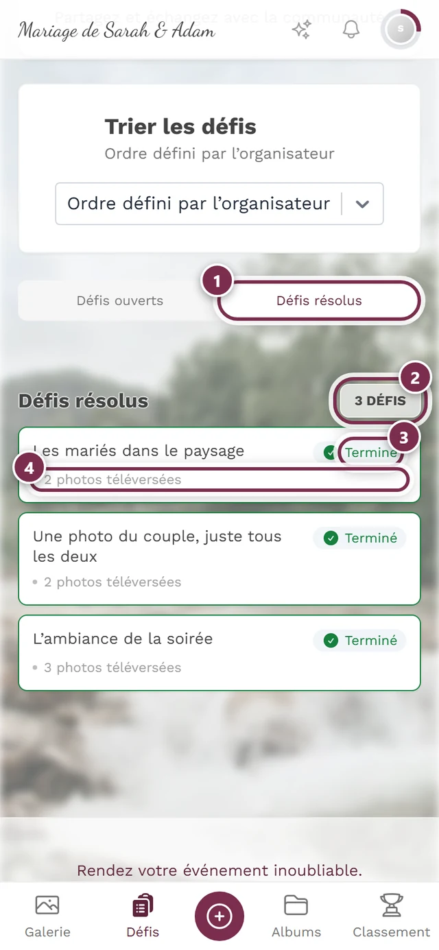 Onglet Défis terminés avec quatre repères : onglet actif, compteur, coche verte, nombre de photos personnelles