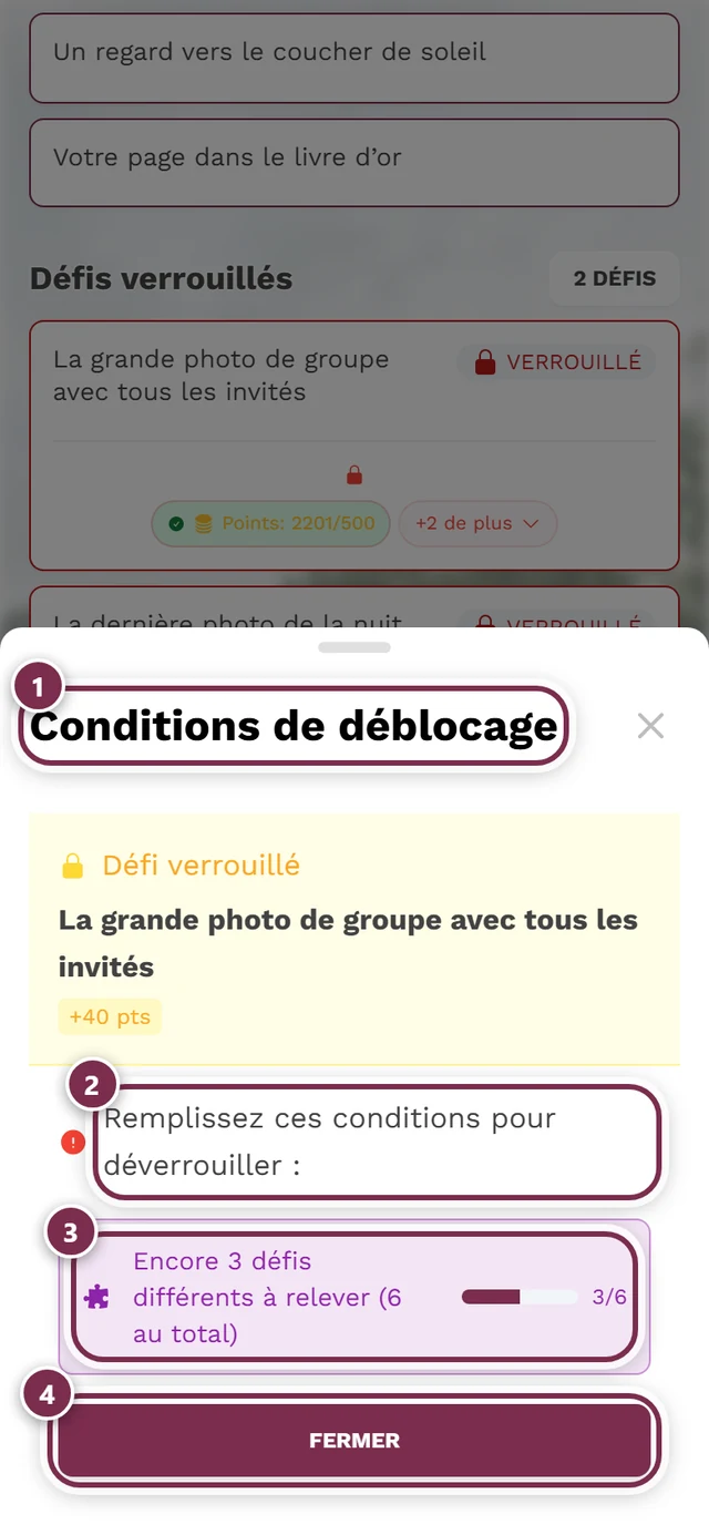 Boîte de dialogue Conditions de déblocage avec quatre repères : titre, introduction, première condition avec barre de progression, bouton Fermer