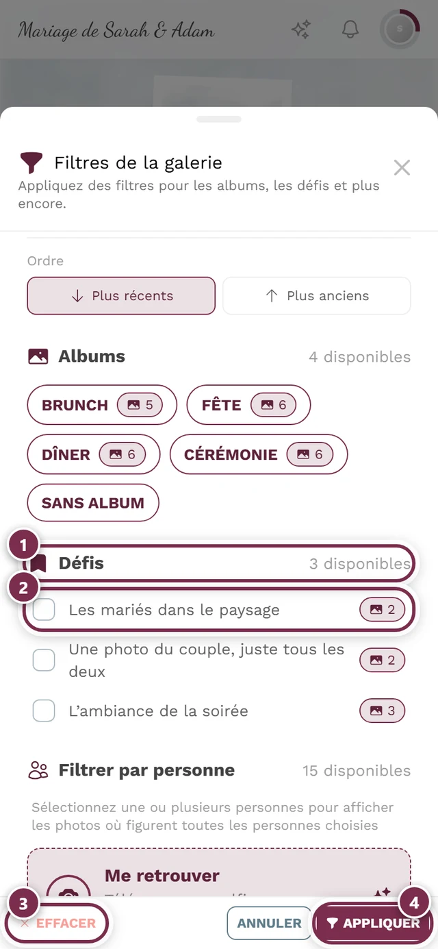 Boîte de dialogue Filtres de la galerie avec quatre repères : en-tête de section Défis, première case à cocher, Effacer, Appliquer